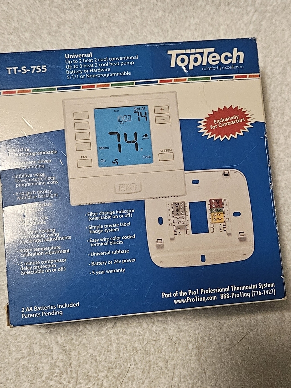 TT-S-755 Thermostat — White with Blue Display